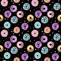 seamless pattern with glazed donuts. Bright juicy pattern on a black background vector