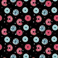 seamless pattern with glazed donuts. Bright juicy pattern on a black background vector