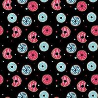 seamless pattern with glazed donuts. Bright juicy pattern on a black background vector