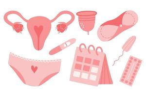A set of stickers for menstruation, menstruation, female uterus, reproductive system. Pregnancy test, tampons, calendar, womb in cartoon vector illustration isolated on white background