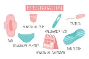 Menstrual period icon set. Menstrual cup, tampon, pad, contraceptive pills. Female hygiene products. vector