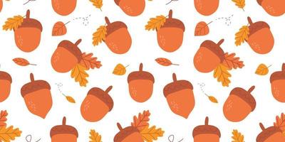 Autumn pattern with colorful seasonal leaves and acorns on white background. vector