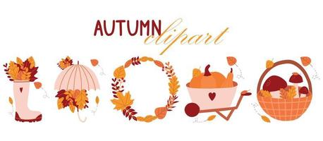 Thanksgiving set. Autumn vector. Fall cartoon illustration. Cute kid icons with pumpkin, harvest. Happy Thanks giving day graphic, isolated autumn farm clipart collection