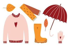ilustración dibujada a mano de bufanda de moda, suéter, arboleda, bota y paraguas. elemento aislado sobre fondo blanco. ropa de otoño vector