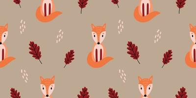 Autumn pattern with colorful seasonal leaves and fox. vector