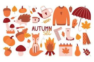 Autumn set of icons falling leaves, pumpkins, sweater, cute fox, flower wreath, candles and more. The elements of the autumn season are ideal for notes, postcards, posters, invitations. vector