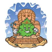 Cartoon Mascot Of Weed Bud With King Of Egypt In Pyramid. vector