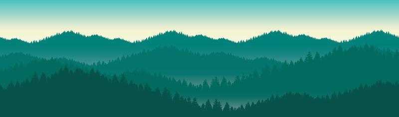 Illustration of a mountain landscape with hills and a forest with pines. under the green spring sky