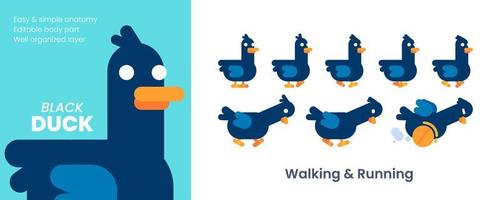 Cute Unique Black Duck Animation Frame With Flat Design Style Vector