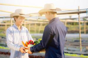 dos jóvenes asiáticos recogiendo vegetales orgánicos frescos con canasta juntos en la hermosa granja hidropónica, cosecha y agricultura y cultivo para alimentos saludables y concepto de negocios. foto