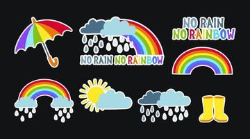 Rainy weather sticker set. No Rain No Rainbow Quote Lettering. Monsoon weather elements with sun, clouds and rain, umbrella and rain boots. Hand drawn vector illustration