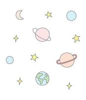 linda ilustración vectorial de planetas y estrellas. vector dibujado a mano del sistema solar