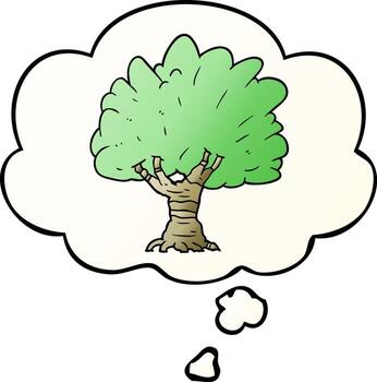 árbol de dibujos animados y burbuja de pensamiento en estilo degradado suave vector