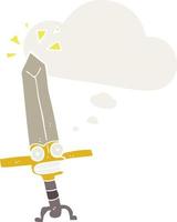 cartoon magic sword and thought bubble in retro style vector