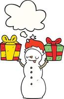 cartoon snowman with present and thought bubble vector