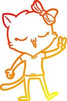dibujo de línea de gradiente cálido gato de dibujos animados con arco en la cabeza dando el signo de la paz vector