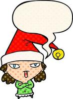 cartoon girl wearing christmas hat and speech bubble in comic book style vector