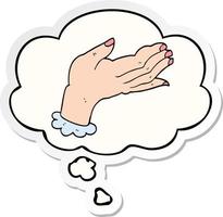 cartoon hand and thought bubble as a printed sticker vector