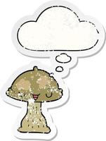 cartoon toadstool and thought bubble as a distressed worn sticker vector