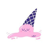 el cono de helado de fresa se ha caído y está triste. divertido personaje de garabato en ilustración de estilo plano aislado en blanco vector
