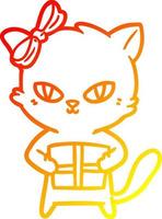 warm gradient line drawing cute cartoon cat with present vector