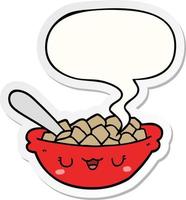 cute cartoon bowl of cereal and speech bubble sticker vector