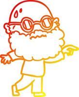 warm gradient line drawing cartoon worried man with beard and spectacles pointing finger vector