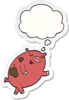 cartoon dancing pig and thought bubble as a printed sticker vector