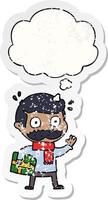 cartoon man with mustache and christmas present and thought bubble as a distressed worn sticker vector