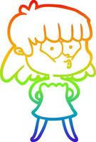 rainbow gradient line drawing cartoon whistling girl vector