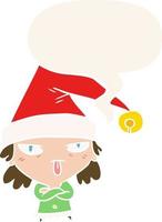 cartoon girl wearing christmas hat and speech bubble in retro style vector