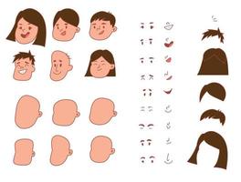 Children face kit. Boy and girl avatar constructor kit with hair, nose and lips. Facial shapes and hairstyle templates. Eyes with eyebrows creation. Vector cartoon portrait editable elements set