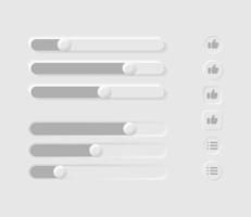 Neumorphism UI UX realistic user interface elements. For websites, mobile menu, navigation and apps. White web buttons with gray design elements. Push, toggle switch buttons and sliders