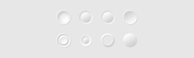 Minimalism style white circle buttons or icons. Neumorphism style elements vector set. Modern website or mobile app design. Neumorphic UI UX design collection