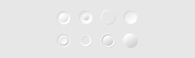 Minimalism style white circle buttons or icons. Neumorphism style elements vector set. Modern website or mobile app design. Neumorphic UI UX design collection