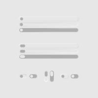 White web buttons with gray design elements. Push, toggle switch buttons and sliders. Minimalism UI UX realistic user interface elements. For websites, mobile menu, navigation and apps vector