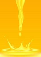 3D vector realistic illustration set, liquid splash and pour, realistic natural dairy products, orange, mango juice, oil splatter drops, isolated on yellow background. Print, template, design element