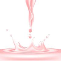 3D vector realistic illustration set, strawberry milk splash and pour, realistic natural dairy products, yogurt or cream splatter drops, isolated on white background. Print, template, design element