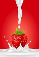 Whole strawberry. Fresh red ripe soft berry with milk liquid splash and pour, flowing yogurt or cream splatter drops. Realistic 3D vector illustration. Healthy food, sweet fruit. On red background