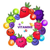 Berry and fruit plant with vitamins A B C D E K healthy organic food. Funny cute face. Juicy fresh berries, raspberry, gooseberry, lingonberry, blueberry, blackberry, strawberry, cartoon vector. vector