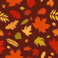 Seamless pattern autumn leaves of a maple, oak, birch tree. Fall yellow, orange, red leaf texture on the brown background. Foliage backdrop design for autumn sale, template for banner or textile. vector