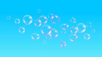 telón de fondo para niños, con papel tapiz de globos. burbujas de jabón realistas con reflejo de arco iris en el fondo del cielo azul. burbujas de espuma de agua vectorial. esfera de cristal de arco iris de colores.