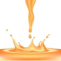 3D vector realistic illustration set, liquid splash and pour, realistic natural dairy products, orange, mango juice splatter drops, isolated on white background. Print, template, design element