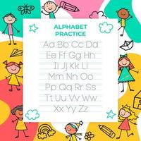 Alphabet letters tracing sheet with all letters of the alphabet. Kids worksheet with alphabet letters. Basic writing practice for kindergarten children vector illustration learning