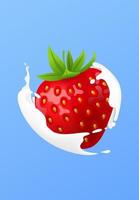 Whole strawberry. Fresh red ripe soft berry with milk liquid splash and pour, flowing yogurt or cream splatter drops. Realistic 3D vector illustration. Healthy food, sweet fruit. On blue background
