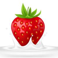Whole strawberry. Fresh red ripe soft berry with milk liquid splash and pour, flowing yogurt or cream splatter drops. Realistic 3D vector illustration design. Healthy food, sweet fruit.