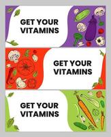 Vegetable banner set. Harvest and Thanksgiving healthy food collection  vegetables for restaurants, menus, posters and grocery packages onion, peppers, eggplant, carrots, tomato. Vitamins A B C D E K vector