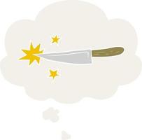 cuchillo de cocina afilado de dibujos animados y burbuja de pensamiento en estilo retro vector