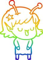 rainbow gradient line drawing happy alien girl cartoon vector