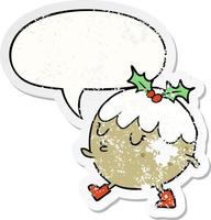 cartoon christmas pudding walking and speech bubble distressed sticker vector